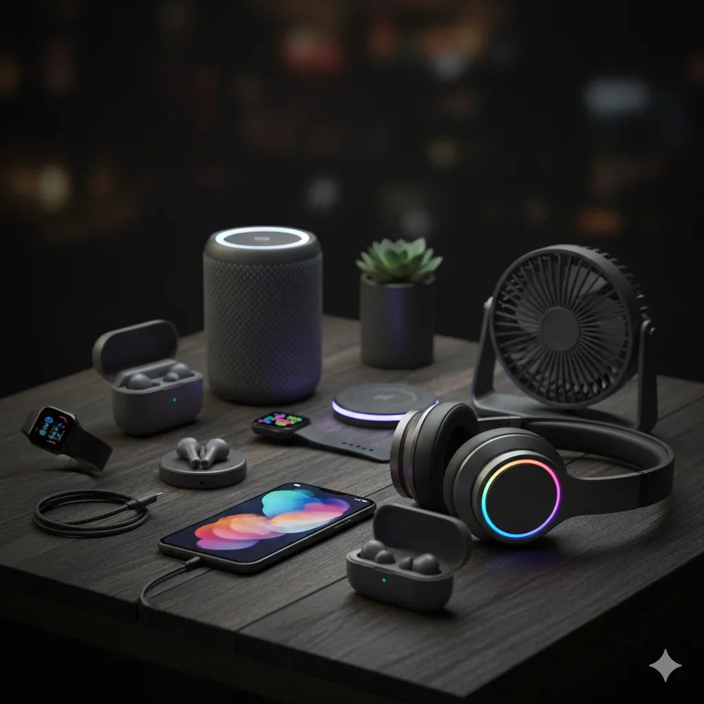 Zuky HUB Audio Collection: High-performance wireless headphones with RGB lighting, noise-canceling earbuds, portable Bluetooth speakers, and smart desk tech on a dark wood background.